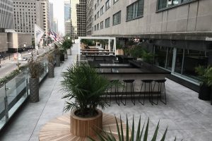 Toits Vertige. Aménagement terrasse sur toit avec végétation et dalles sur plots pour le Reine-Elizabeth Montréal,