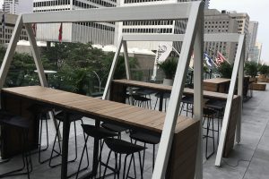 Toits Vertige. Aménagement terrasse sur toit avec végétation et dalles sur plots pour le Reine-Elizabeth Montréal,